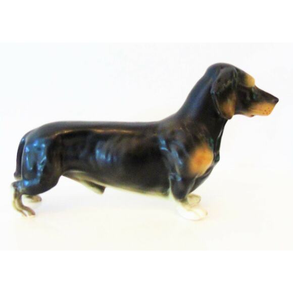 VTG Japan Porcelain DACHSHUND DOG FIGURINE Black Tan White Paws Male 7" Long - Picture 3 of 7